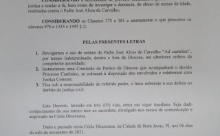 NOTA DE ESCLARECIMENTO SOBRE DENÚNCIA DE ABUSO DE CLÉRIGO - Diocese de Bom Jesus do Gurguéia