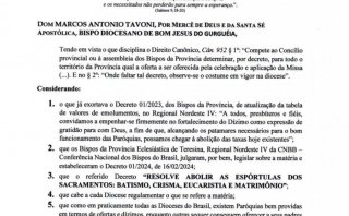 Dom Marcos Tavoni regulamenta, para a Diocese, o Decreto que põe fim ao  pagamento de espórtulas para os sacramentos, no Regional. 