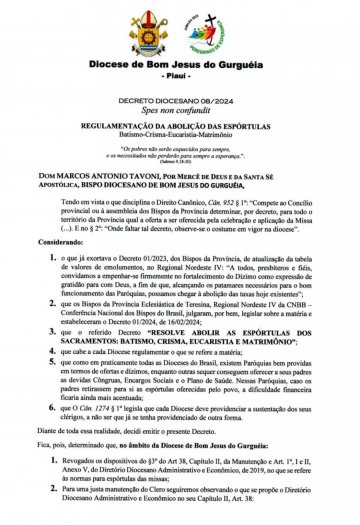 Dom Marcos Tavoni regulamenta, para a Diocese, o Decreto que põe fim ao  pagamento de espórtulas para os sacramentos, no Regional. 