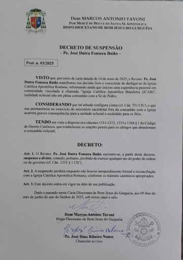 PADRE JOSÉ DUTRA ABANDONA A IGREJA E É SUSPENSO DE ORDENS - Diocese de Bom Jesus do Gurguéia 