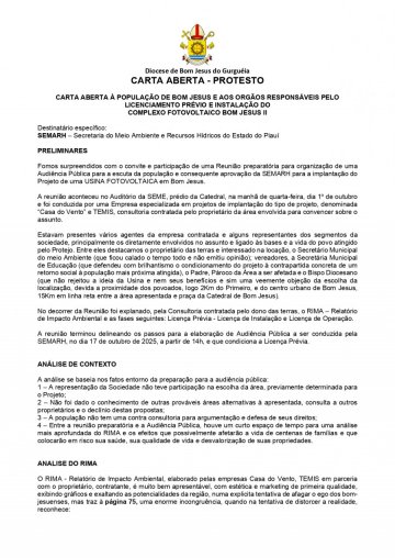 CARTA ABERTA À POPULAÇÃO DE BOM JESUS E AOS ORGÃOS RESPONSÁVEIS PELO LICENCIAMENTO PRÉVIO E INSTALAÇÃO DO COMPLEXO FOTOVOLTAICO BOM JESUS II